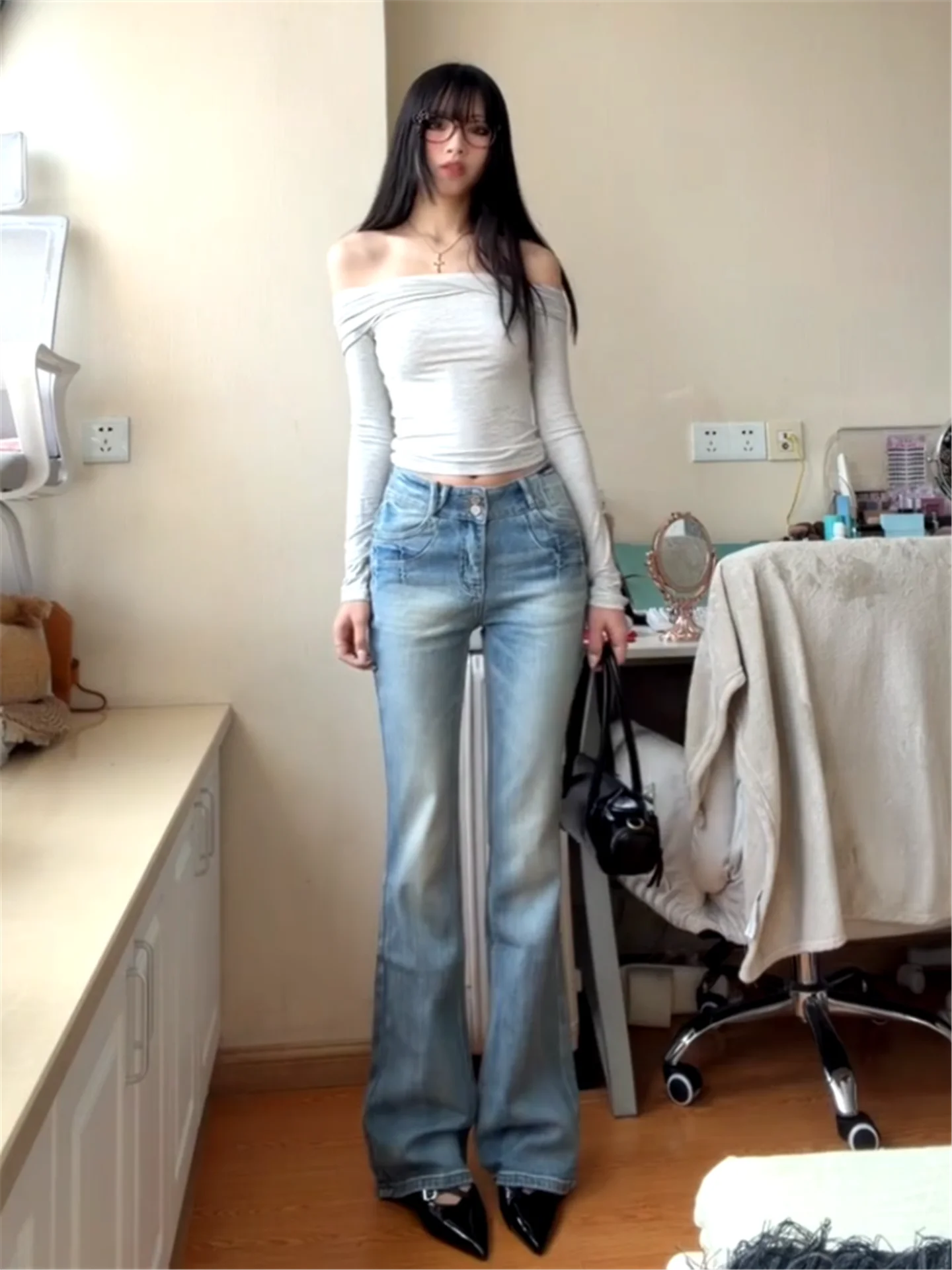 

Retro American Low Waist Bell Bottom Jeans Women's Summer Slimming Casual Floor Length Pants Light Blue Cotton Denim