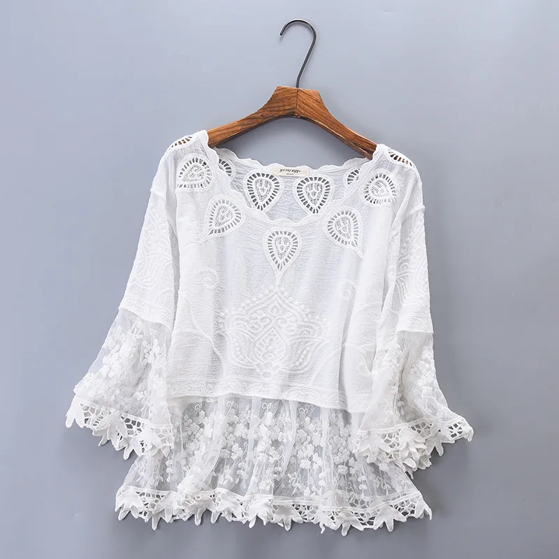 

Loose Tops Ladies Spring Summer Sexy Transparent Beach Cover Up Hollow Out Crochet Lace Women Long Sleeve White Lace Blouses