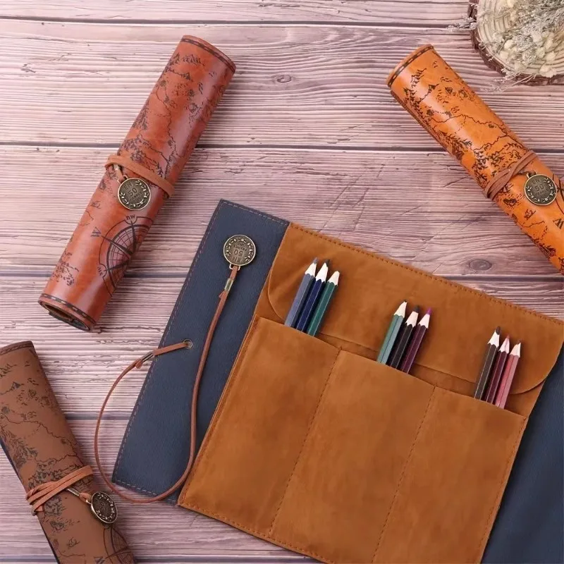 Vintage Treasure Map Roll Pencil Case Large Capacity Leather Stationery Bag with Embossed Buckle for School Office Art