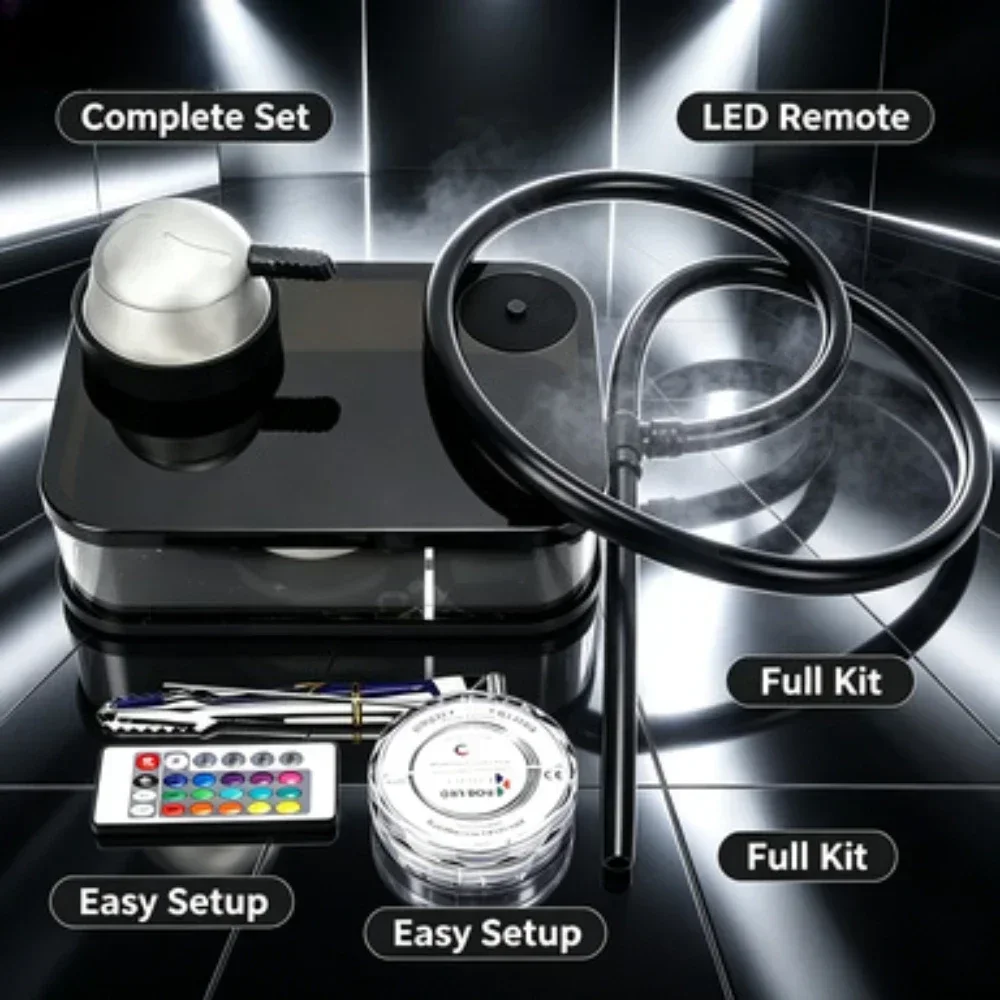 SOT Square Acrylic Cube Hookah Complete Set1Hose LED Light Remote Control Shisha Narguile Chicha Full Kit For Home Party Use