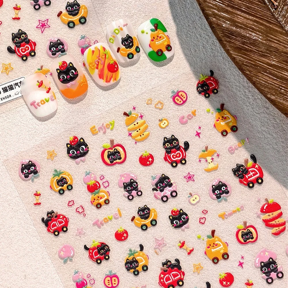 

Dopamine Cute Black Cat Fruit Car 5D Embossed Self Adhesive Nail Art Stickers Apple Peach Banana Pear Cartoon 3D Manicure Decals