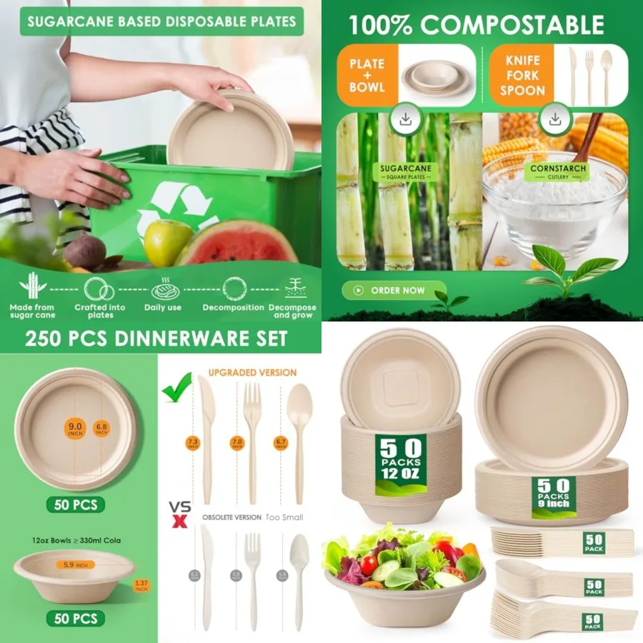 

Gezond 250PCS Disposable Paper Plates and Bowls Set with Long Utensils Compostable Plates EcoFriendly Dinnerware Set Includes B