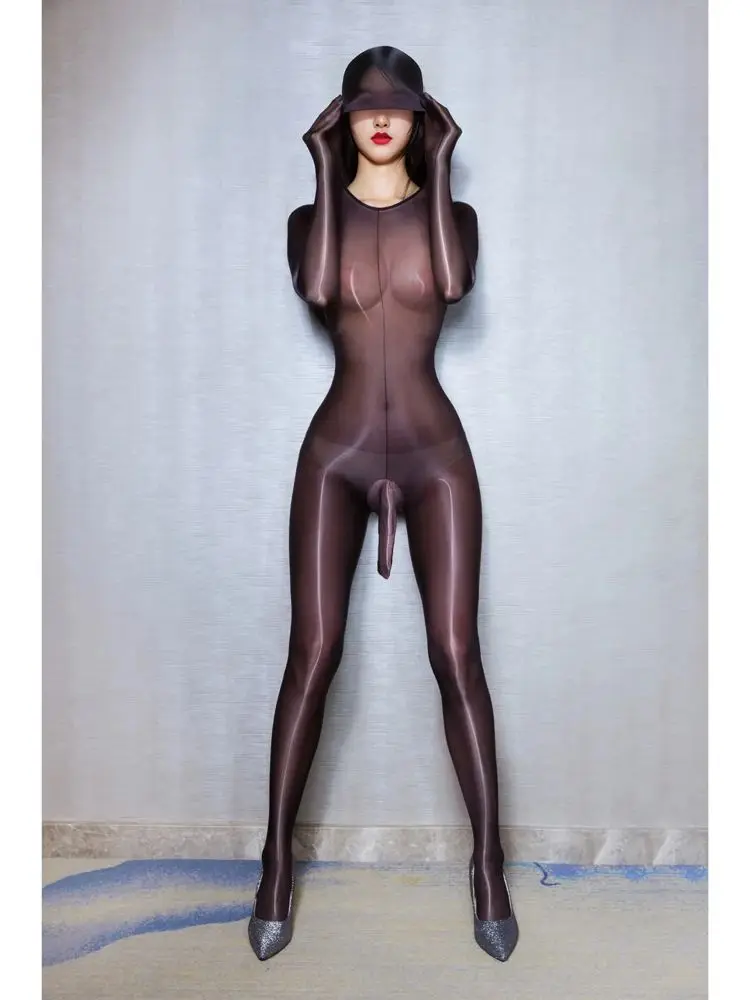 New Hooded Glossy Shiny Nylon Catsuit Encased Hand Bodystocking Penis Sheath Bodysuit Tights Leotard Conjoined Jumpsuit Unitard