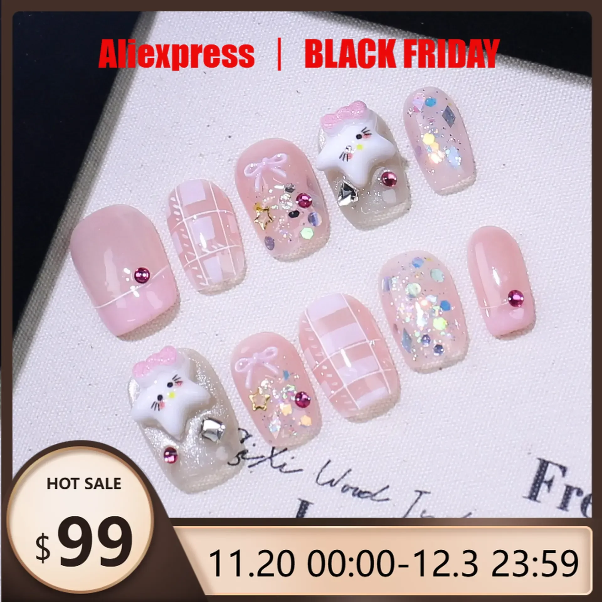 

10 шт., ручная работа, пресс для ногтей, французский мультфильм, милый кот, бант, короткие балетные накладные ногти для женщин и девочек, съемный съемный дизайн ногтей