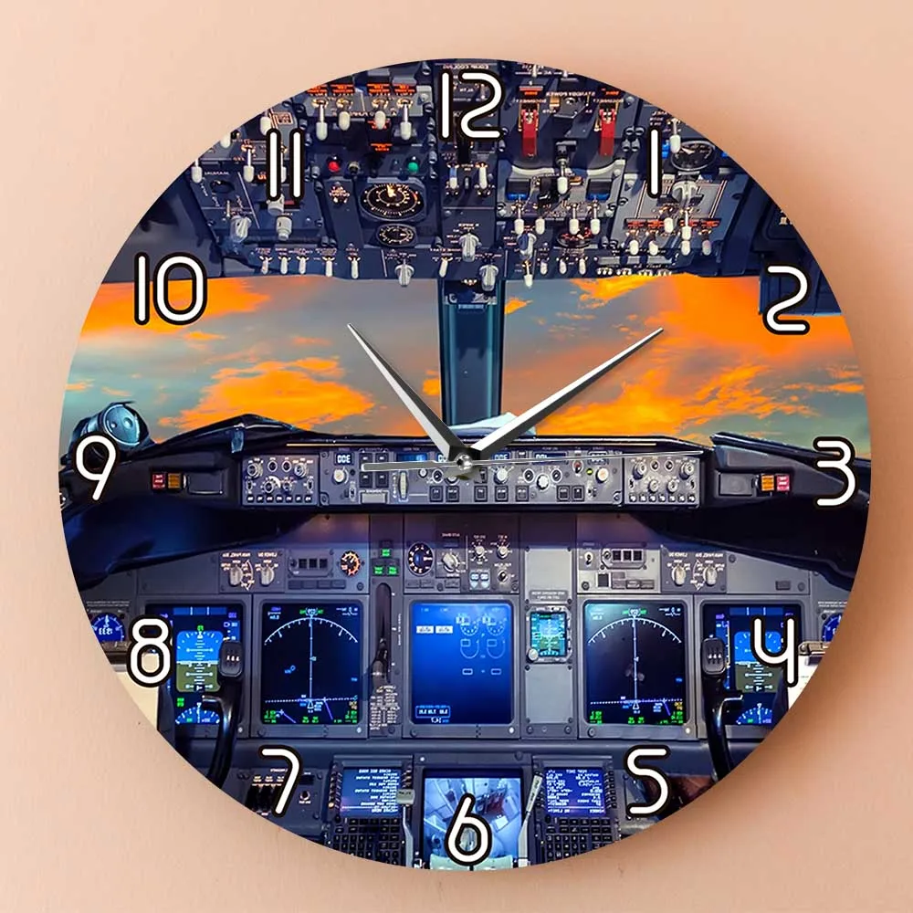 Airplane Interior Cockpit Night View Silent Non Ticking Wall Clock For Pilots Room Aircraft Art Aviation Wall Watch Aviator Gift