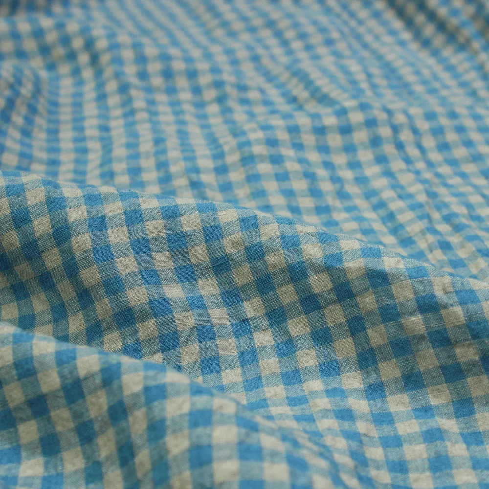 Sky Blue Pure Linen Fabric Plaid Fabric Dress Shirt Clothing Pants Curtain Fabric High-End Sewing Fabric by the Meter