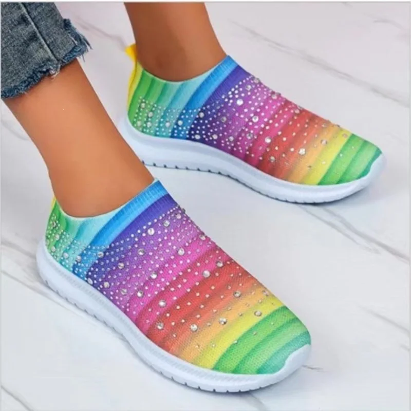 

Large size spring and autumn new fashion casual rhinestone flying weaving women's sports style single shoes