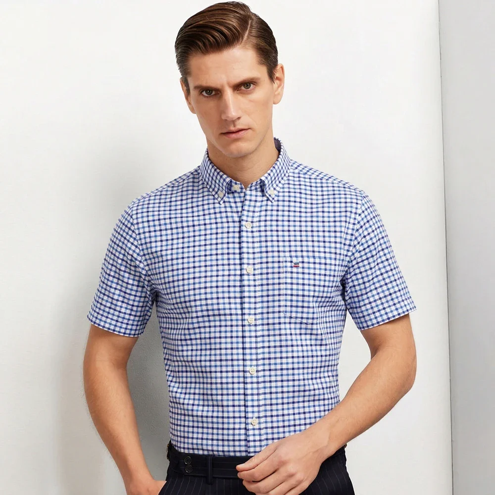 

Summer Men's Casual Oxford Stripe Plaid Shirt 100% Cotton Regular Fit Short Sleeve Button-down with Pocket Breathable Daily Wear