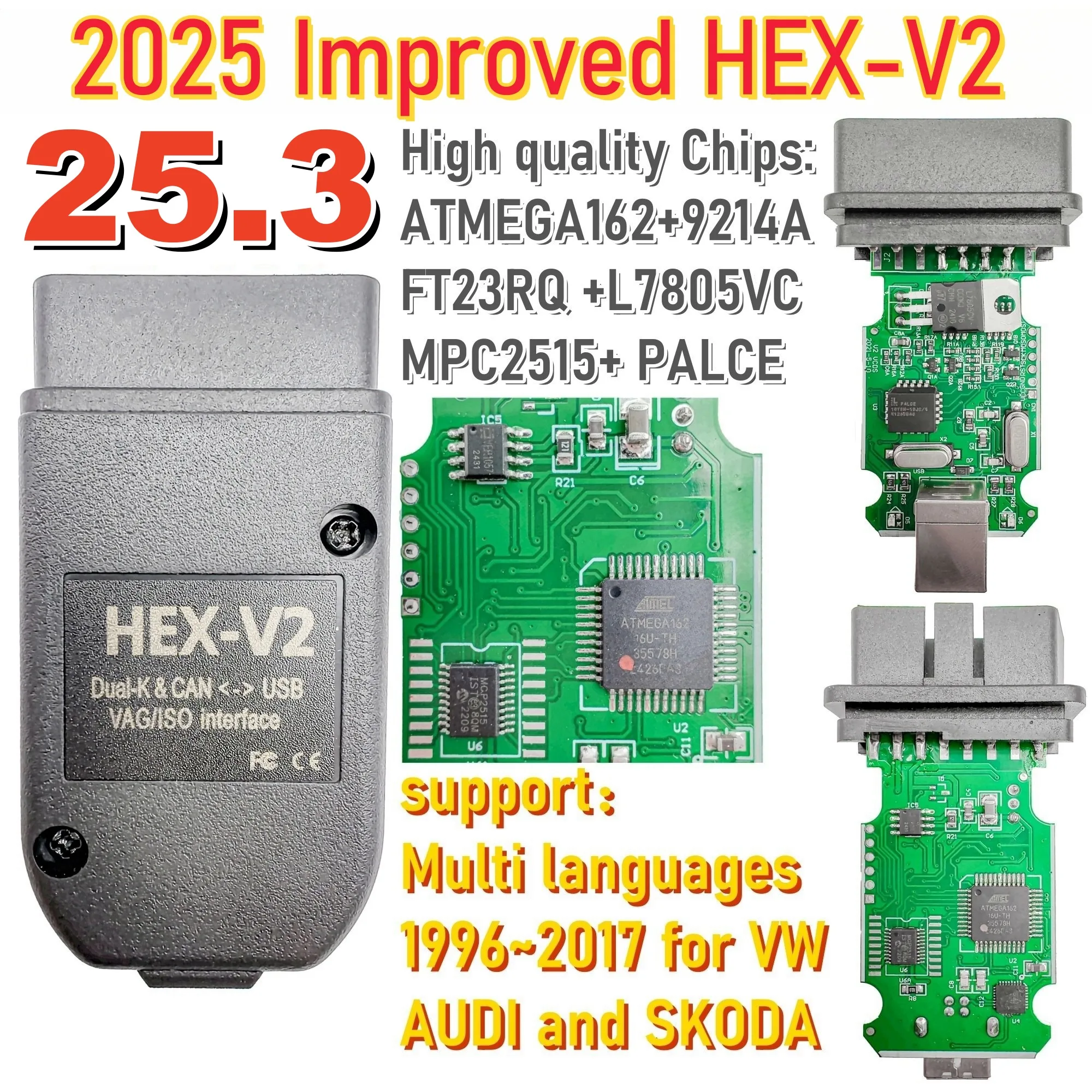2025 Improved HEX V2 VCDS VAGCOM New 25.3 Scanner Diagnostic Tool Cable OBD2 Support 1996~2017 for Audi SKODA VW VAG COM HEX-V2