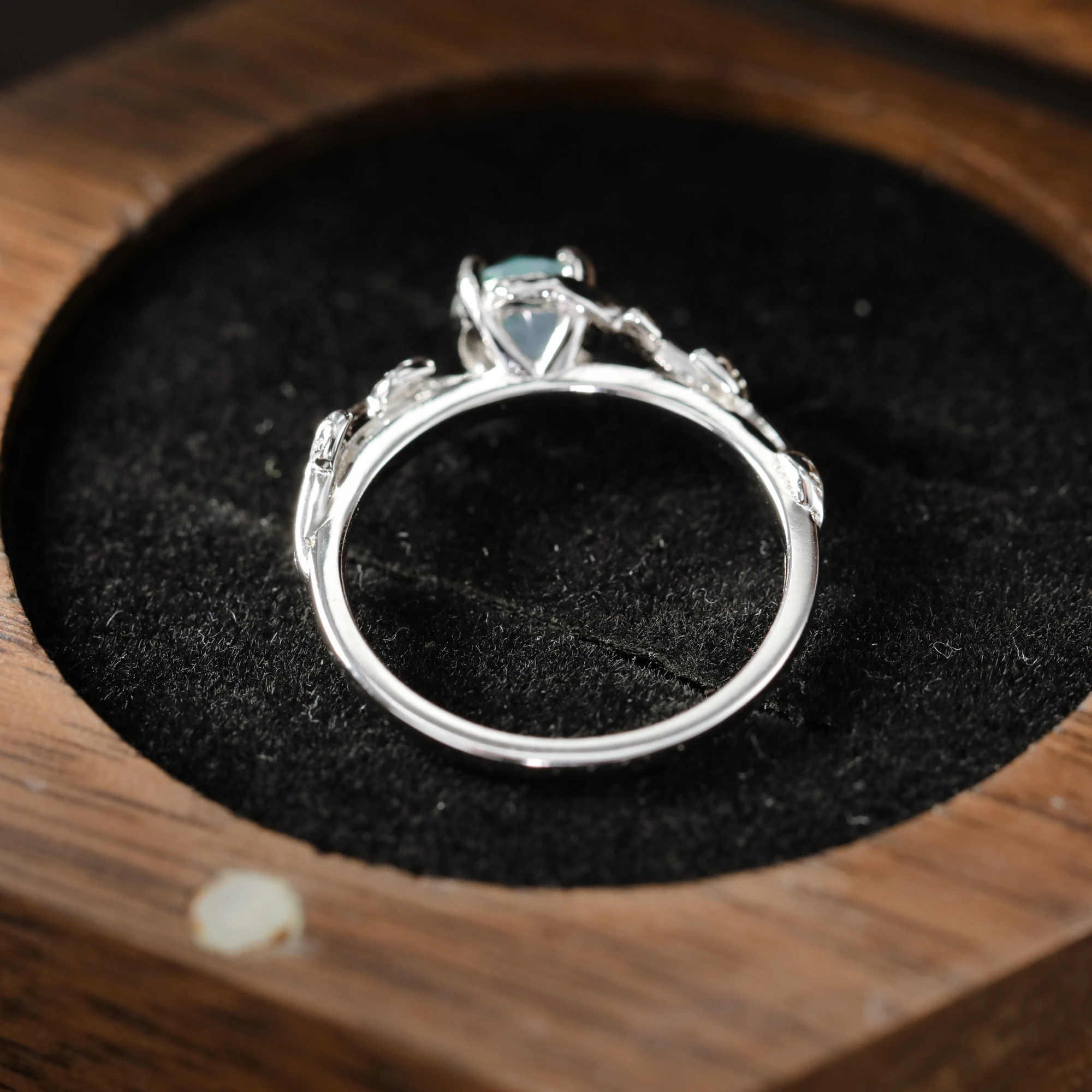 Art‑Deco Leaf‑Shaped Round Natural Moss Agate Engagement Ring for Women,925 Sterling Silver Band Fine Green Stone Jewelry,Anniversary Party Occasion,Holiday Gift Accessories