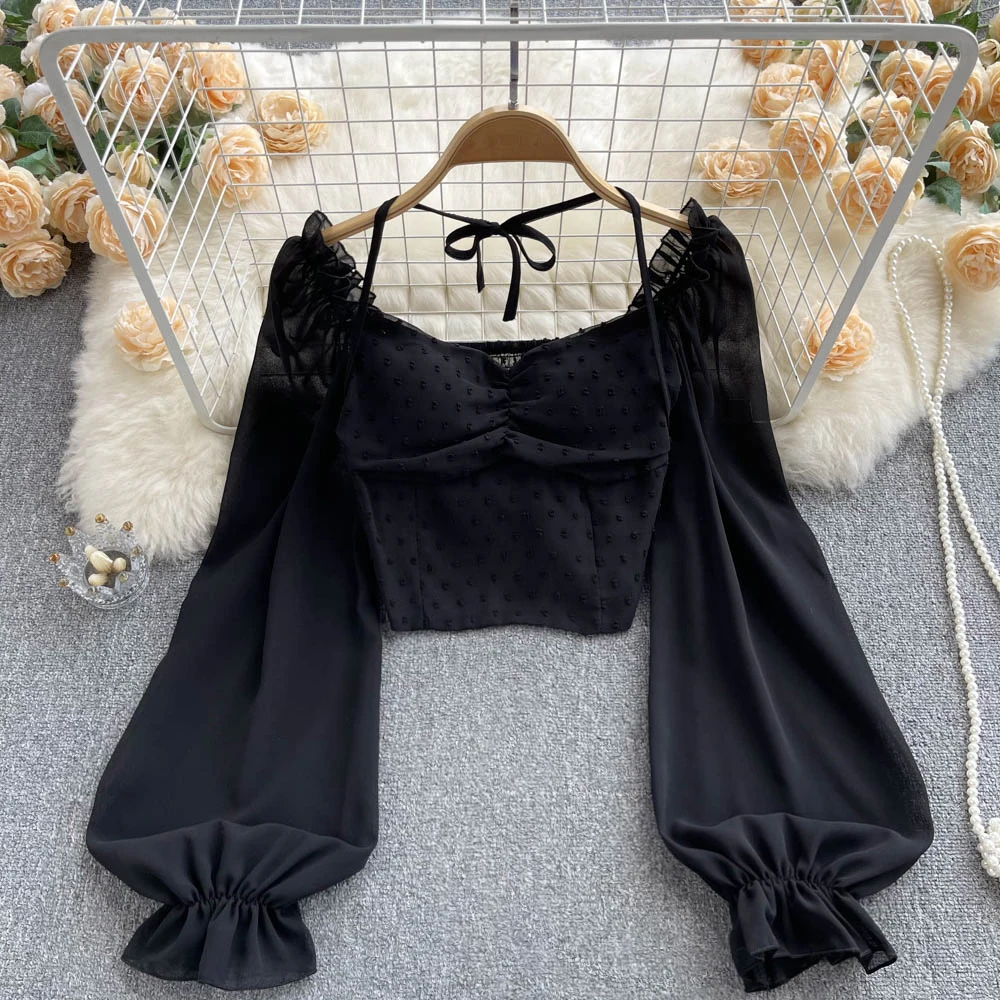 Women Chic Pleated Tank Top Slim Basic Sexy Fashion Slash Neck Lantern Long Sleeve Crop Top Autumn Women Blouse