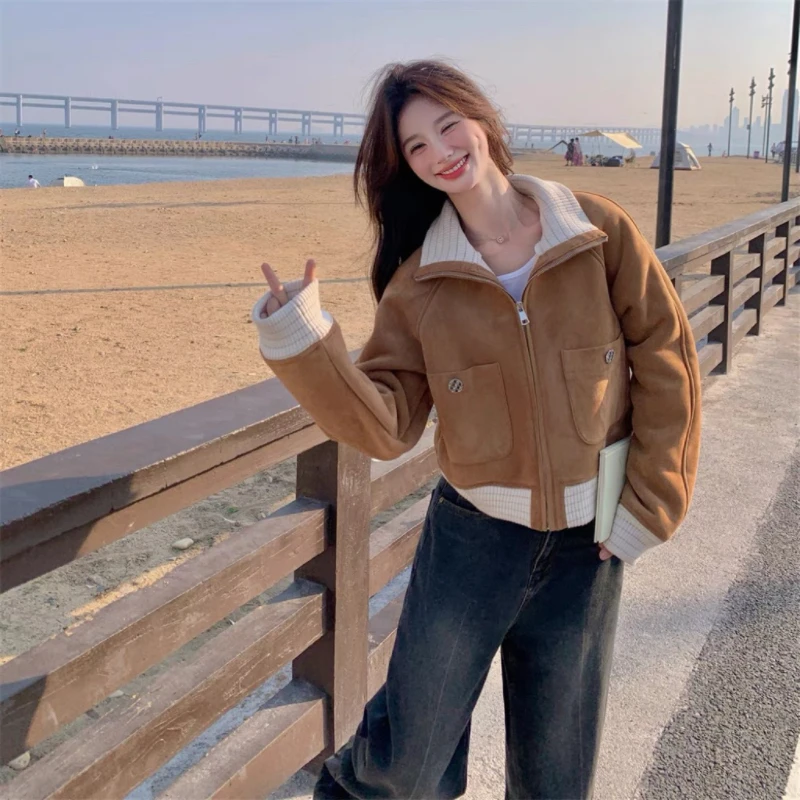 Tagkita Pelle scamosciata da donna Jaet ort Thiened Pelliccia di agnello imbottitura integrata in pelle e pelliccia Autunno Inverno Nuova chiusura con cerniera Sle...