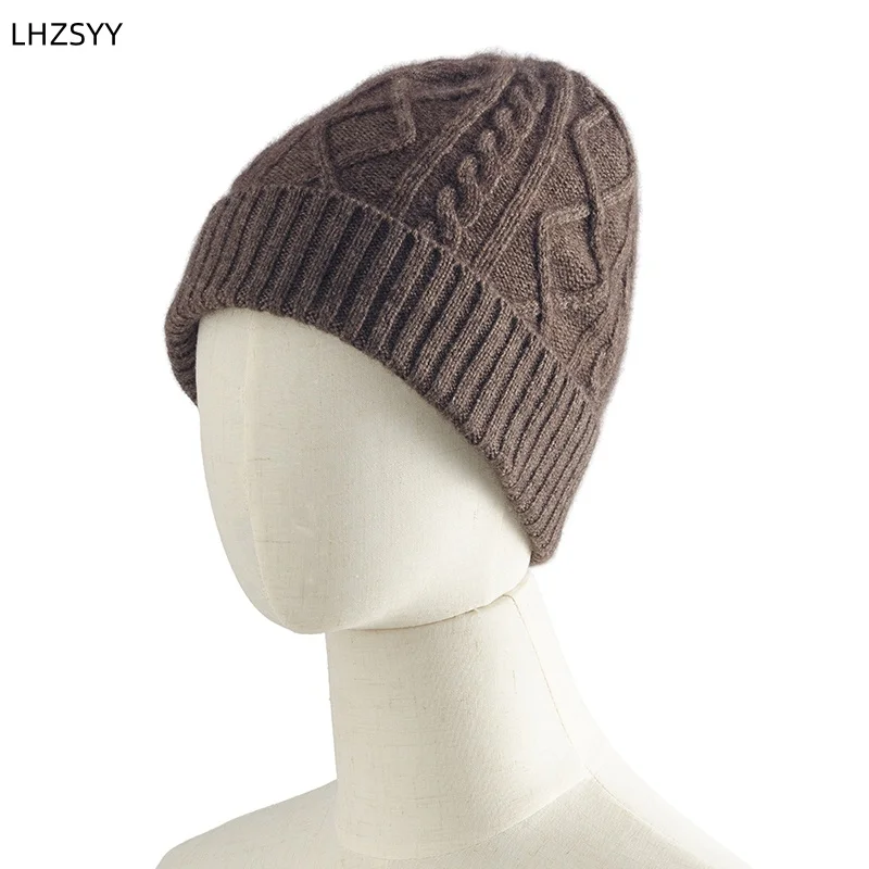 LHZSYY 100% Pure Cashmere Hats Unisex Lapel Cap Retro Twisted Knit Cashmere Hats Warm Ear Protection Joker Autumn Winter Thick