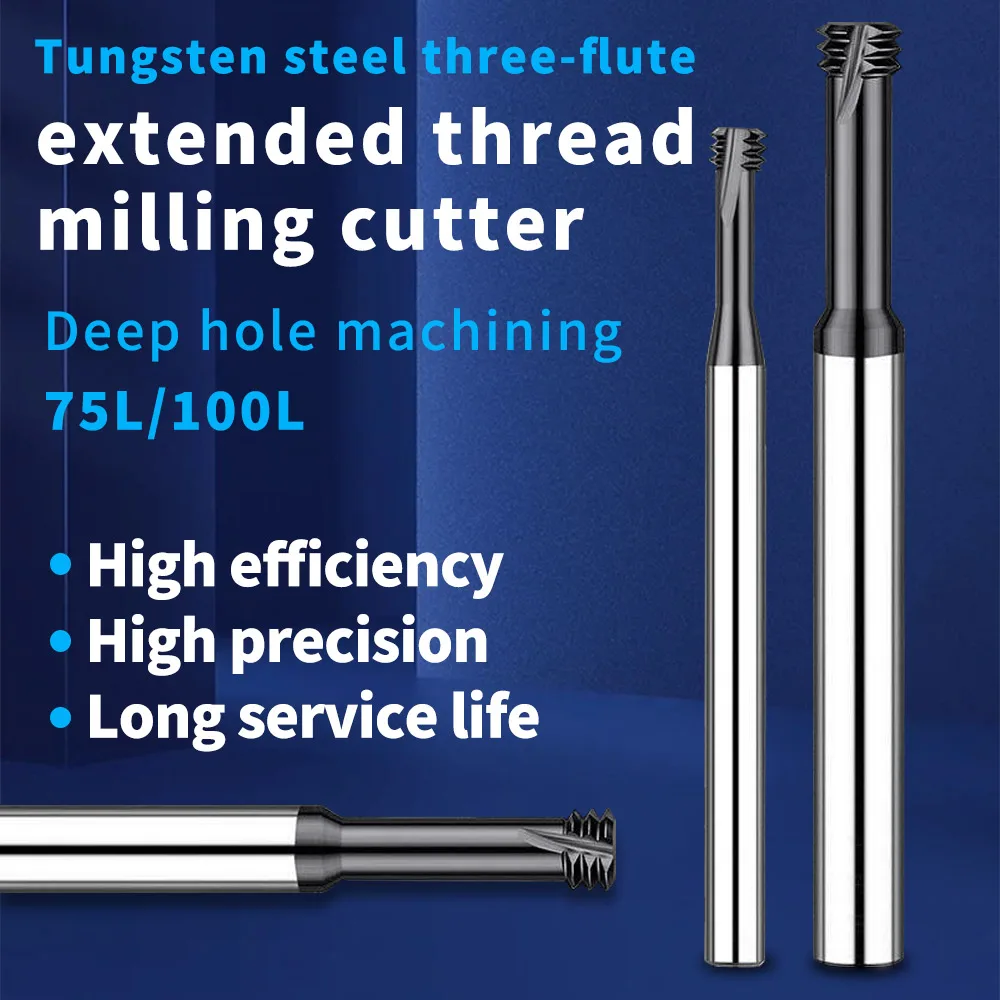 Long Reach 3 Flute Thread Mill M1.6-M14 Extended Solid Carbide CNC Thread Milling Cutter for Deep Hole Thread Machining