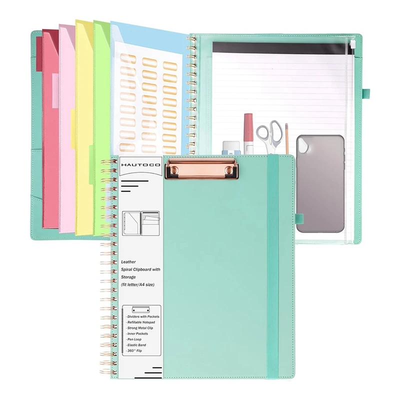 حافظة حلزونية مع حقيبة تخزين بسحاب ، حقيبة خضراء ، مجلدات فوليو ، 5 مجلدات مقسمة