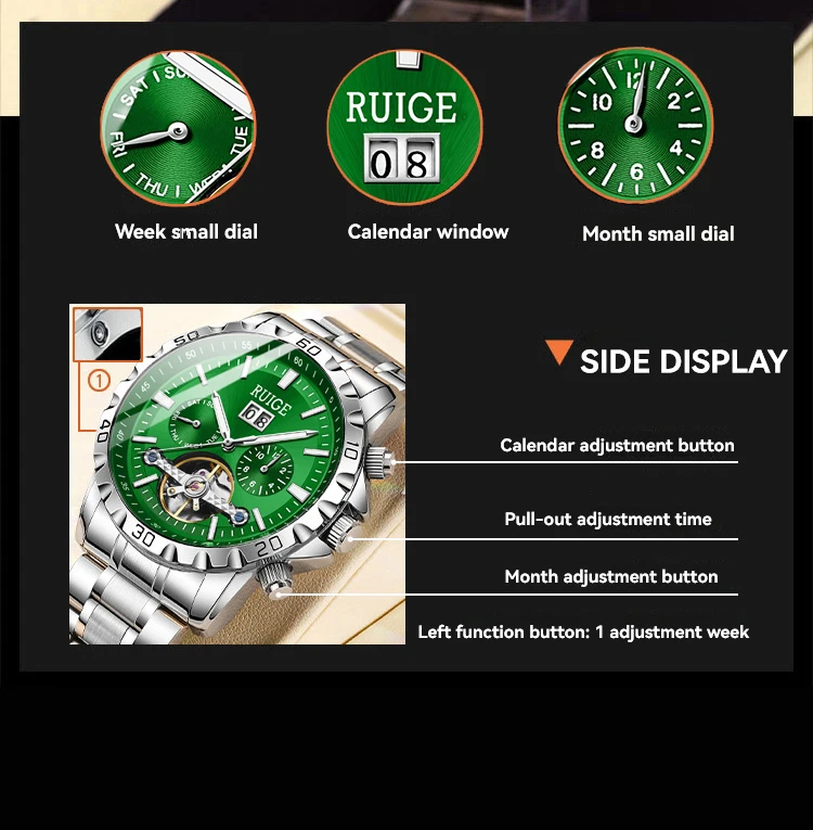 RUIGE Modische Trend-Herrenuhr mit Drei-Zifferblatt-Sechs-Zeiger-Edelstahlarmband, Automatische Mechanische Uhr – Detail 7