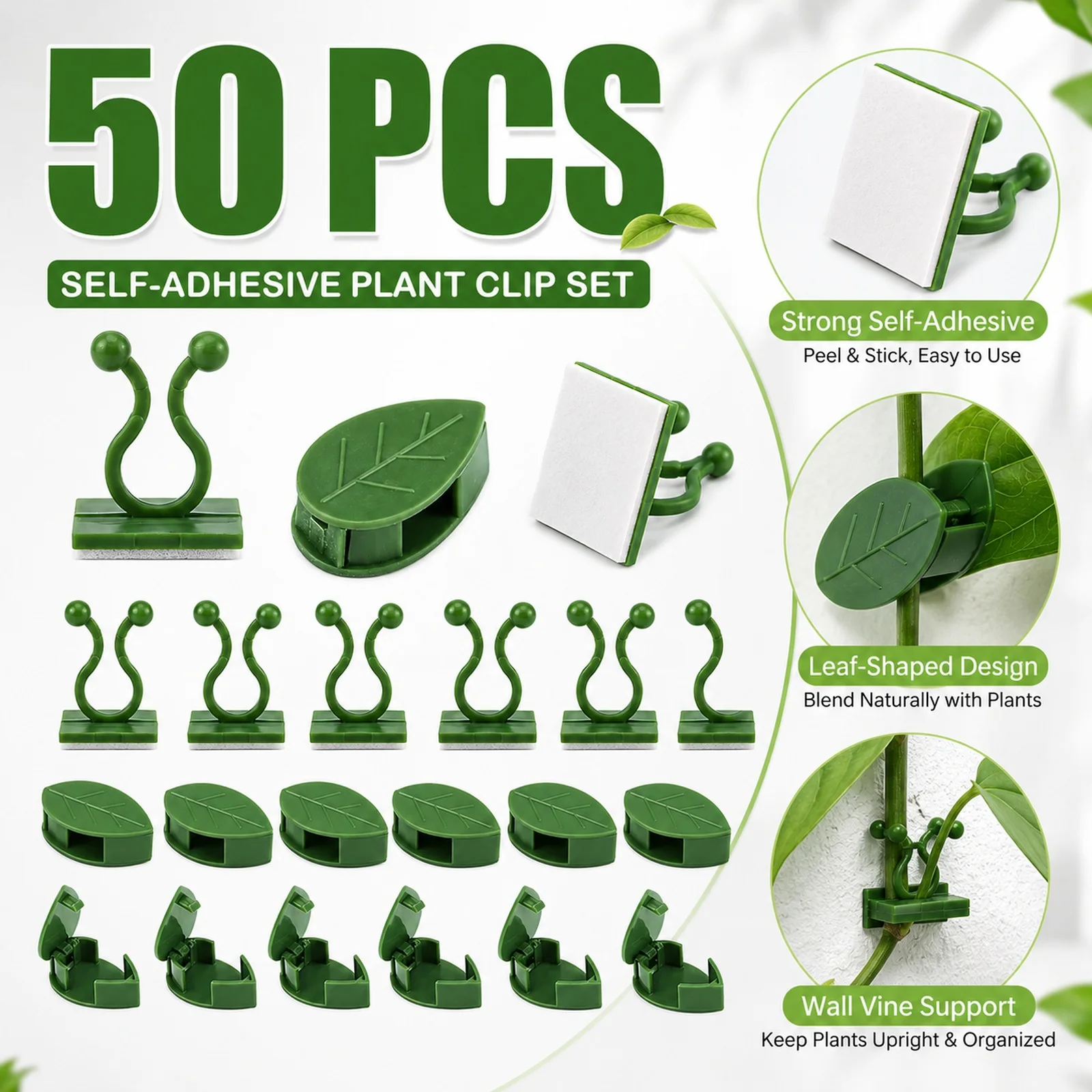 50pcs Plant Stand Green Leaf Clip Self Adhesive Plant Clip Home Garden Vine Invisible Climbing Wall Stand Hook Plant Clip