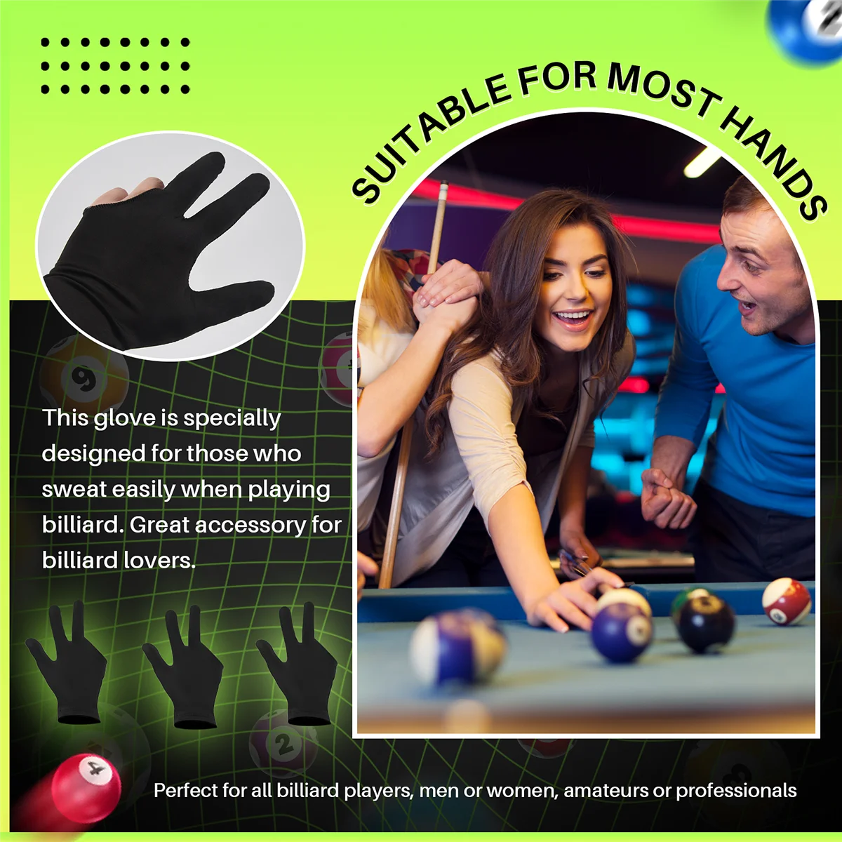 SMIEA 20Pcs Breathable Billiard Gloves Snooker Left Right Hand Gloves 3 Fingers Cue Gloves for Women Men Billiard Accessories