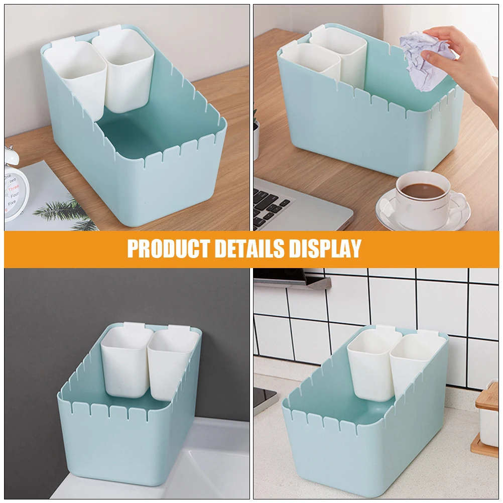 

Dry Wet Separation Trash Can Shallow Blue Frame White Inner Bag Small Size Desktop Garbage Can Plastic Mini Wastebasket Suitable