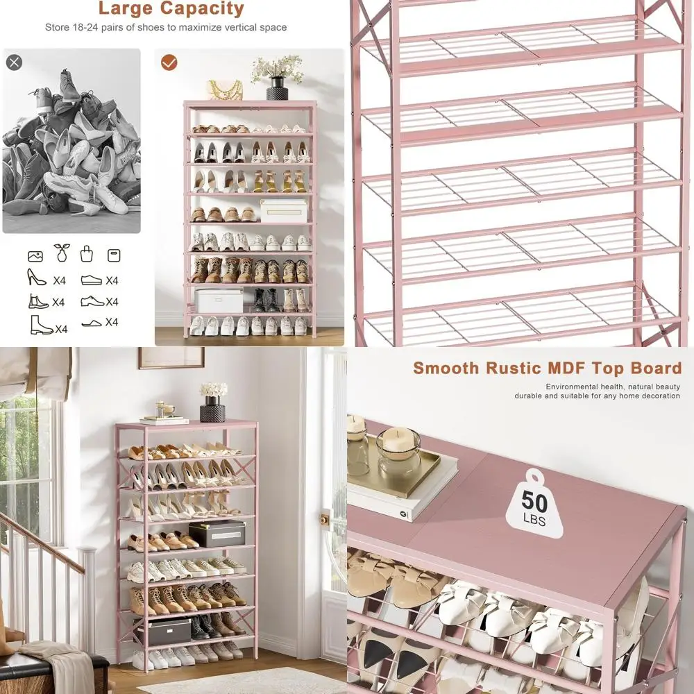 

Pink Heavy-Duty Metal Shoe Rack with Wooden Top Shelf, 24-32 Pairs Storage for Entryway and Garage