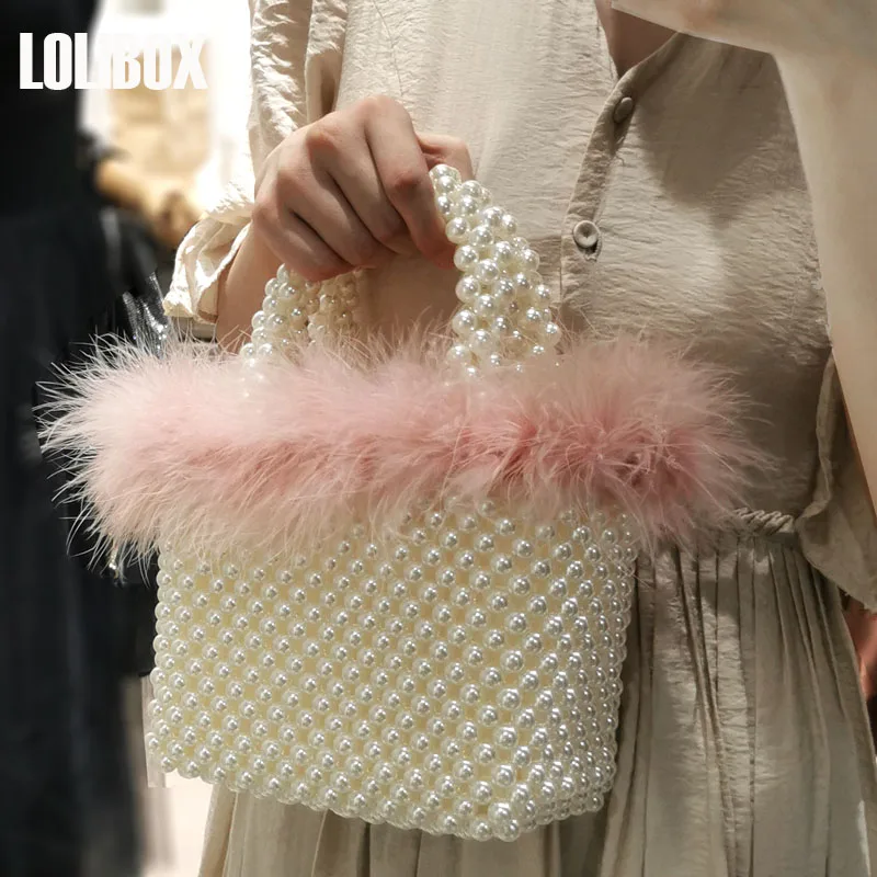 Wedding Party Luxury Ostrich Hair Pearl Beading Evening Bag Beads Beaded Woven Handmade Women Handbag Shoulder Crossbody Bag