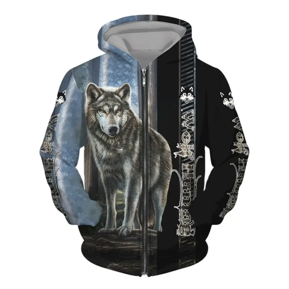 Nieuwe 3d Wolf Print Heren Capuchon Sweatshirt Street Punk Stijl Trui Met Rits Oversized Jasje Jas Stijlvolle Vintage Kleding