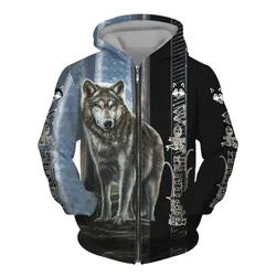 New 3D Wolf Print men's hooded sweatshirt Street punk style zip-up jumper Oversized jacket coat Stylish vintage clothes