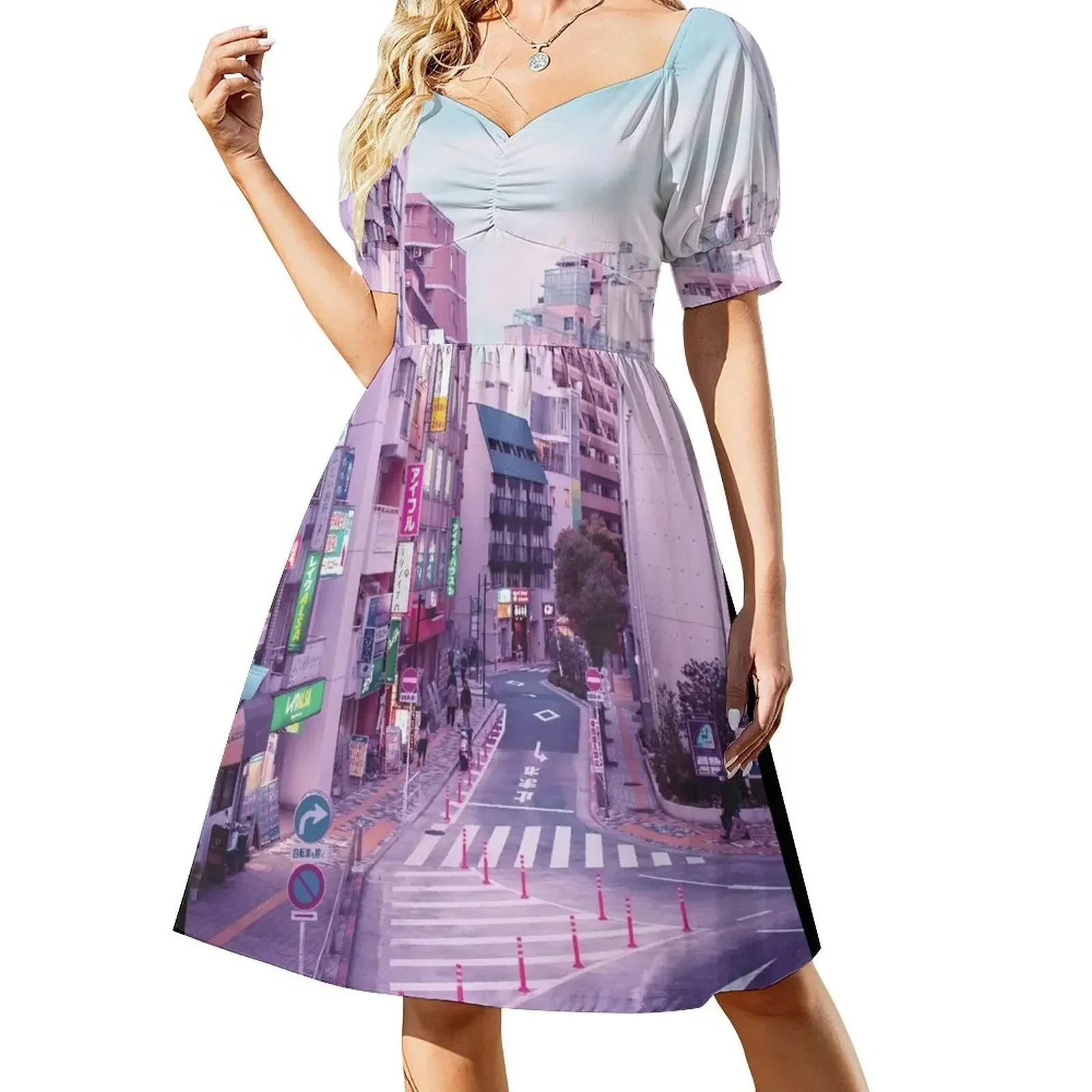 

Pink City Pop Aesthetic Tokyo Japan Poster Vaporwave lofi moody vibe Short-Sleeved Dress Party dresses clothes for women Dress