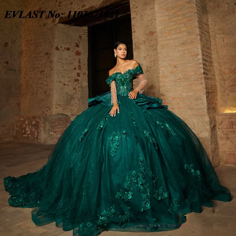 EVLAST-vestido de baile com aplique de renda e espartilho frisado, vestido Quinceanera verde esmeralda Glitter, Mexican Sweet 16, SQ543