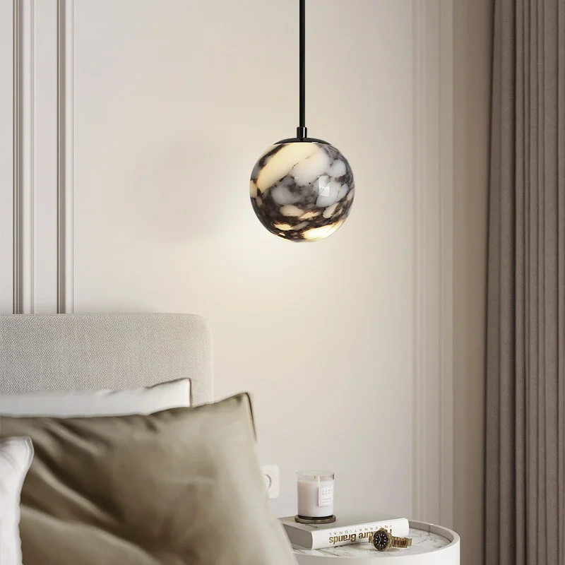 High-End French Pendant Light for Bedroom Headboard, Bulgari Marble Style Luxury Hanging Lamp with Exquisite Craftsmanship