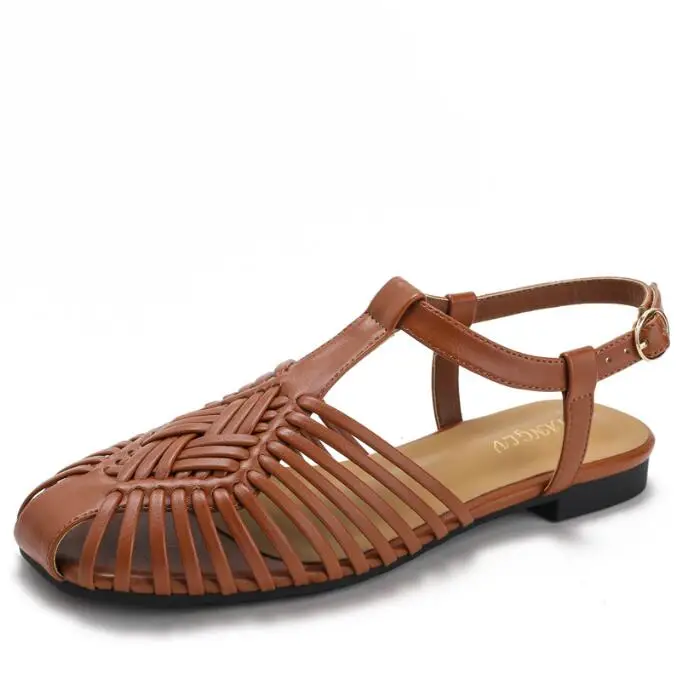 

New Fashion Gold Women Sandals Flat Bottom Retro Round Toe Woven Hollow Out Design Daily Casual Beach Shoes for Ladies