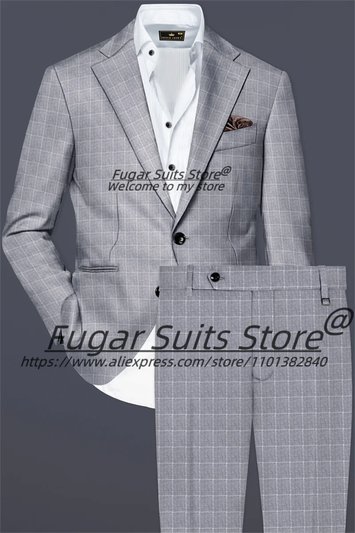 

Business Gray Plaid Men Suits Notched Lapel Groom Formal Tuxedos 2 Pieces Sets High-qublity Male Blazers Slim Fit Ropa Hombre