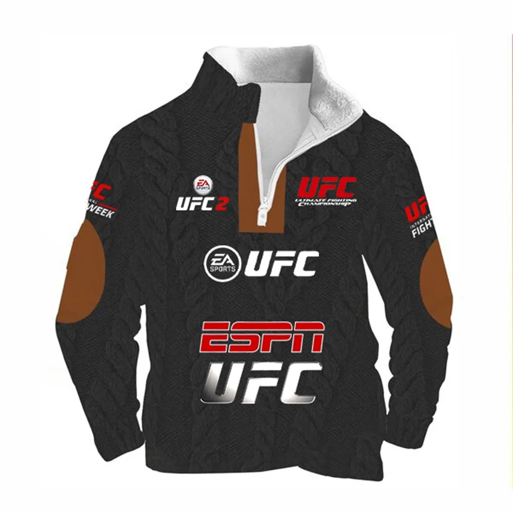 سترة بقلنسوة من الصوف UFC Stand Up cCllar للرجال للخريف والشتاء، بطانة سميكة من الصوف الدافئ، سترة علوية رياضية كاجوال بقصة ضيقة