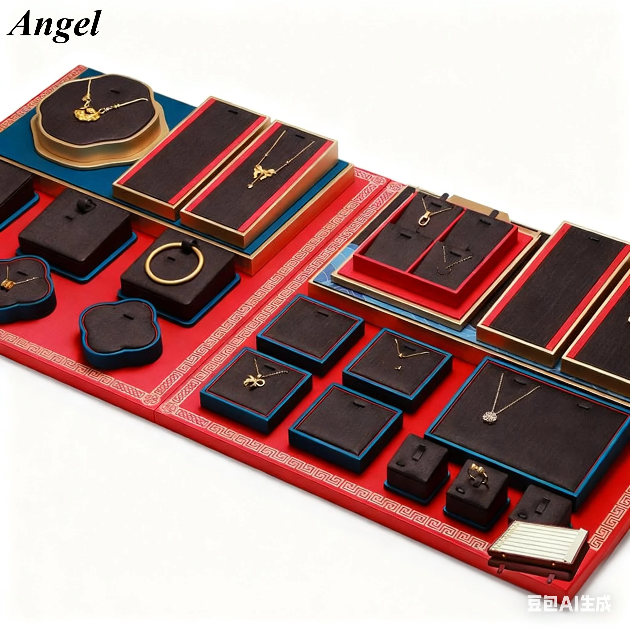 

Chinese Heritage Gold Jewelry Display Set, Red Oriental Style Velvet Tray & Stand Customizable for Luxury Store Showcase