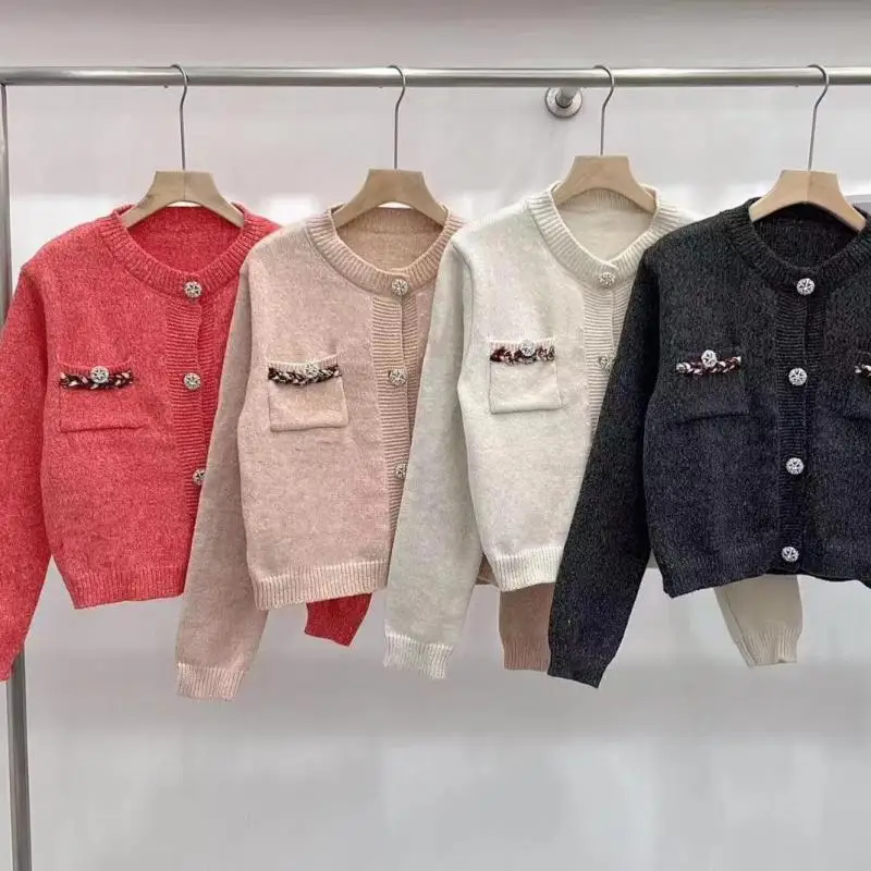 Elegant Sweater Women Knit Cardigan Tops Solid Fashion Vintage Chic Ladies Knitwear Long Sleeve Single-breasted Jumpers 2024