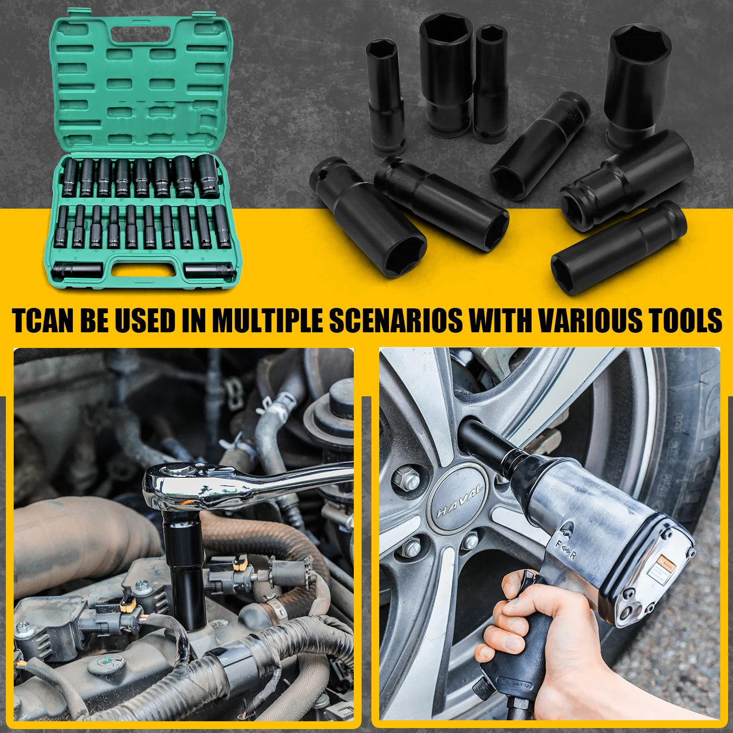 Zestaw nasadek 1/2\" 15/20 szt. metryczny zestaw nasadek głębokich 6-kątny zestaw nasadek udarowych z przenośnym etui do przechowywania