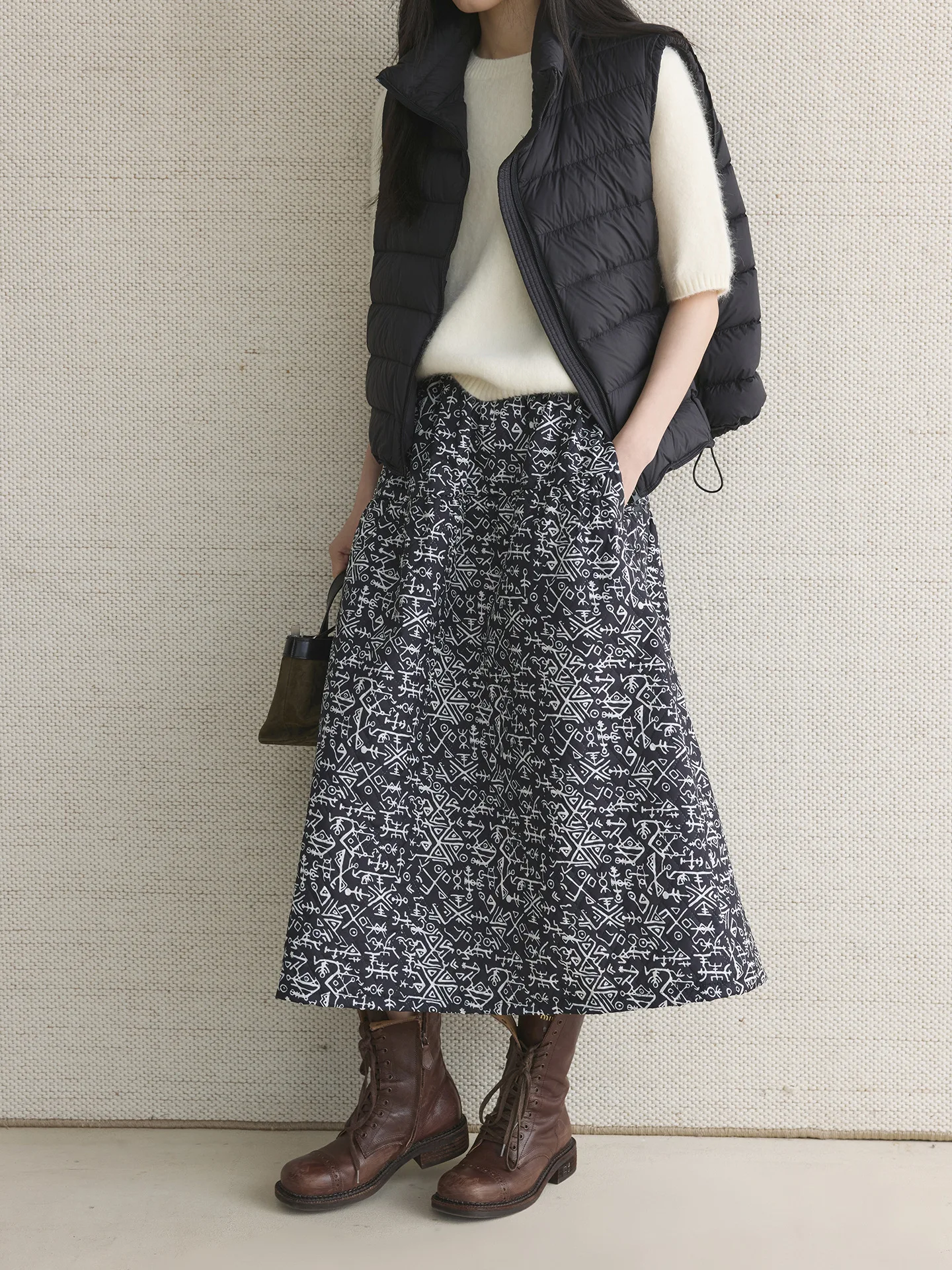 겨울 패션 레트로 물고기뼈 기하학 패턴 A라인 스커트, 편안하고 캐주얼한 여성용 롱 스커트