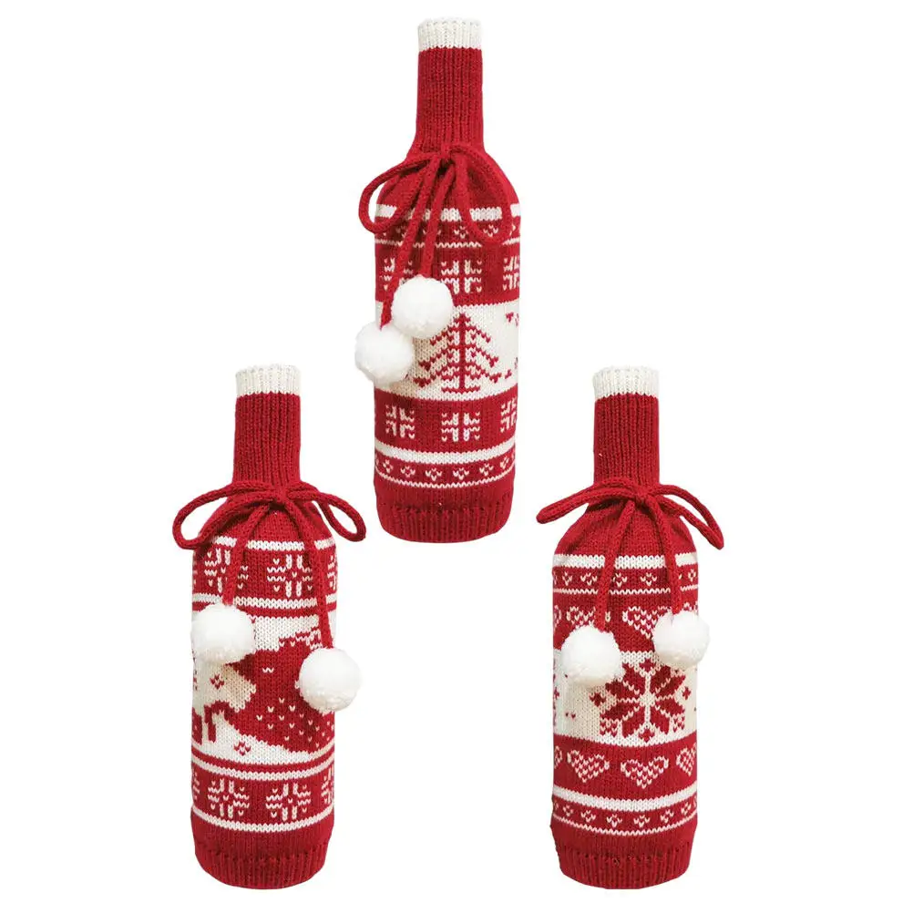 

3Pcs Knitted Christmas Bottle Cover Wine Bottle Sleeve Decorative Protector Party Supplies Holiday Table Ornament Washable