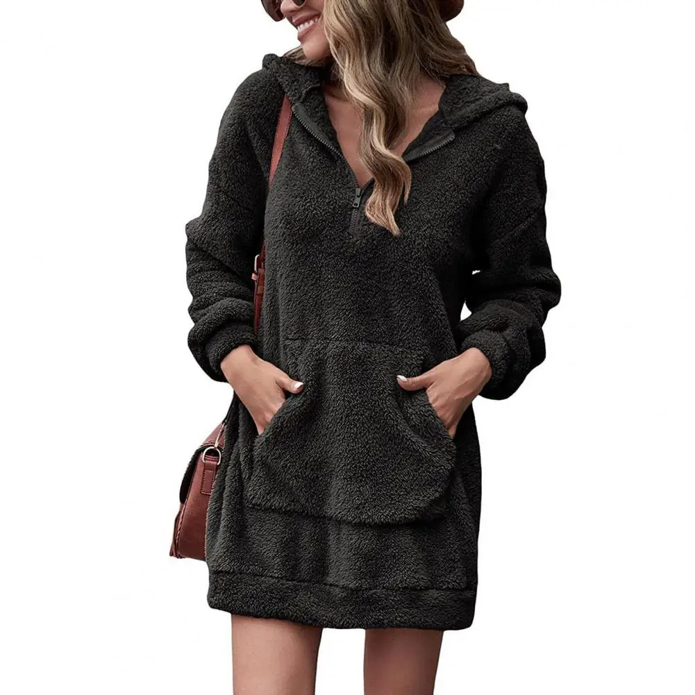 

Hooded Dress For Women With Large Pockets Hooded Long Sleeve Thick Plush Solid Color Loose Mini Dress Pullover Top