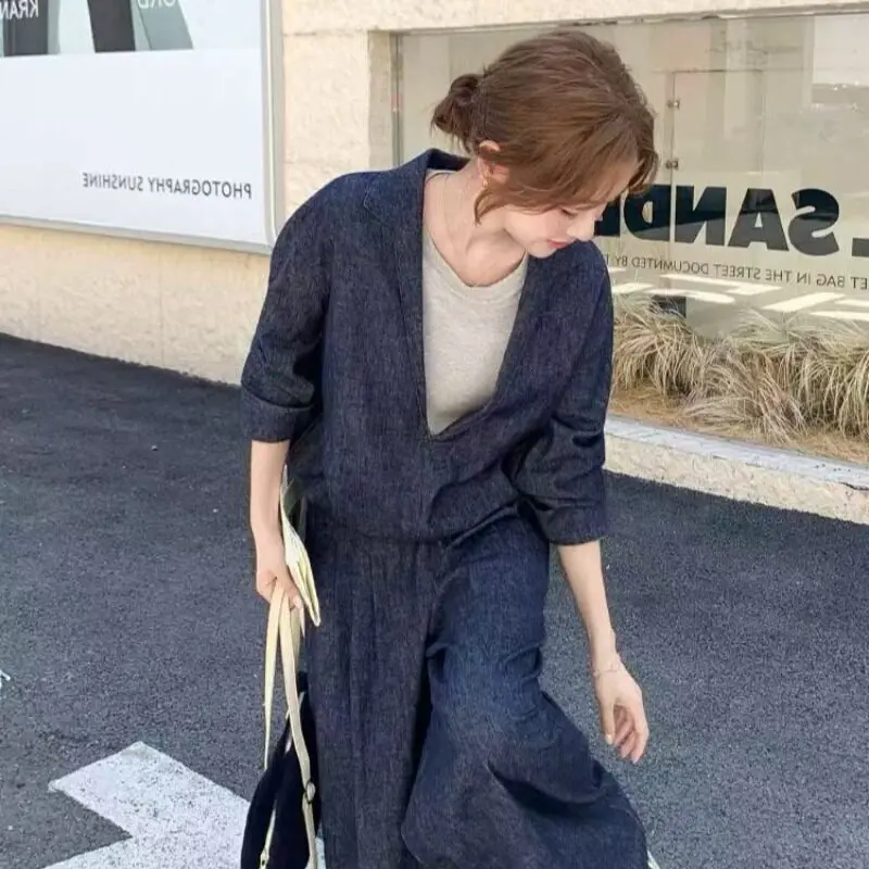 

Стильный повседневный комплект: топ с длинными рукавами в стиле колор-блок и брюки с широкими штанинами, женский модный хлопковый ансамбль Dongda Gate, весна 2026