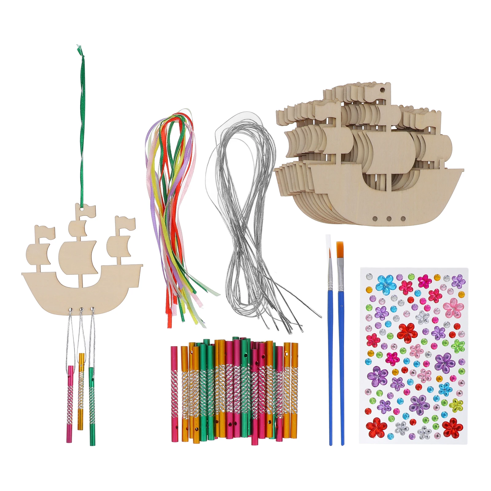 

1 set 10 Pirate Ship Wind Chime Kits Unfinished Wood DIY Crafts Kids Skill Development Hanging Decor Sailboat Theme Family Decor