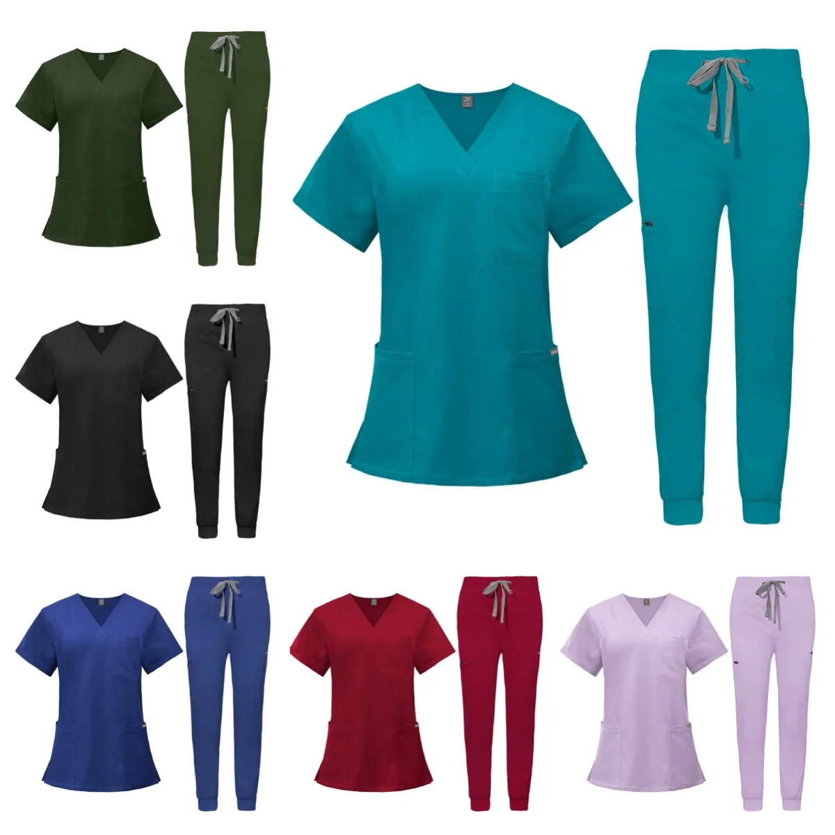 

Nursing Uniform Women Multicolor Pet Doctor Scrub Medical Workwear Scrubs Uniform Suit Short Sleeve V-neck Tops+jogger Pants Set