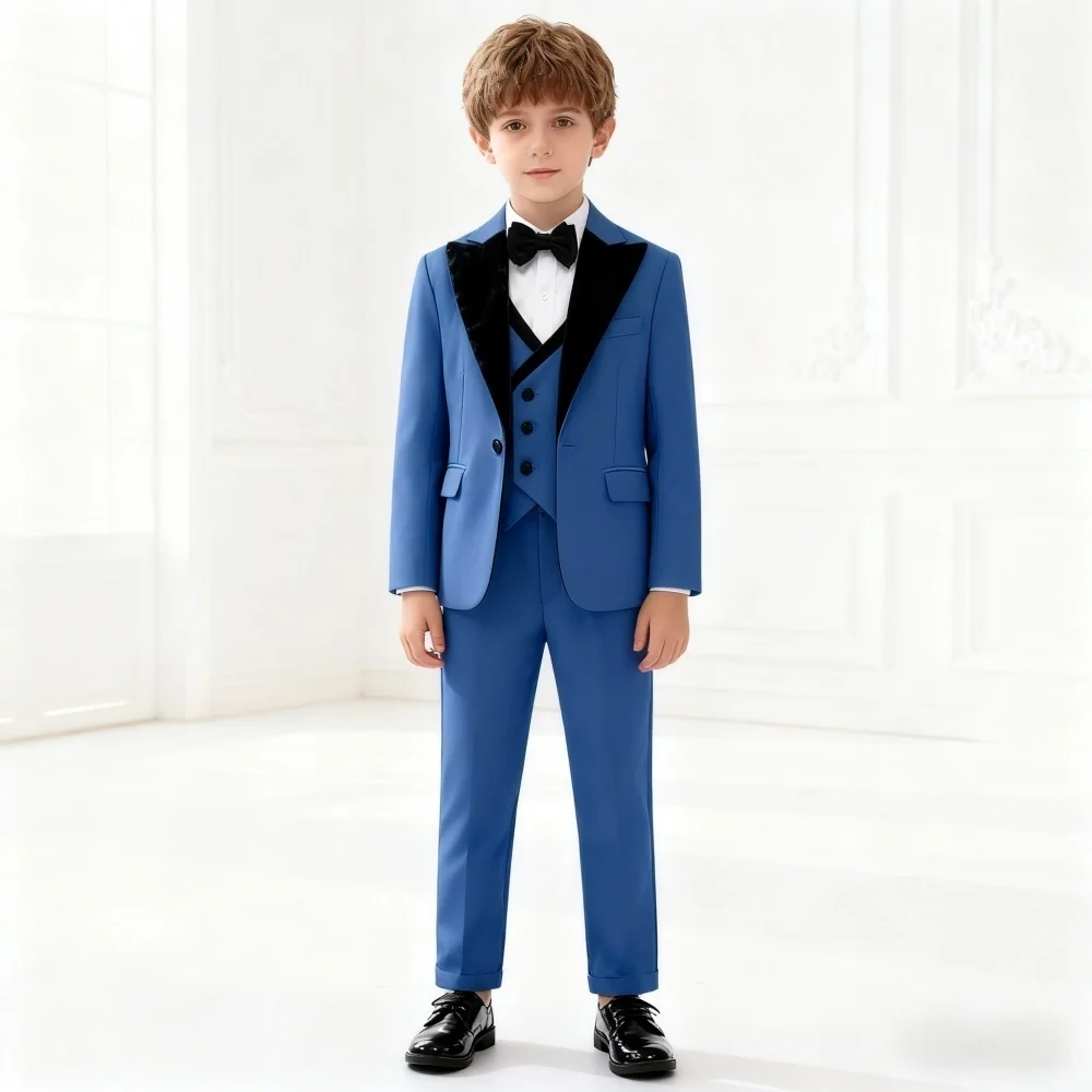 

Stylish Blue Boy's 4-Piece Tuxedo Set Blazer Vest Pants Trendy Kids Formal Outfit For Wedding Photo Shot Party Gala Ceremony
