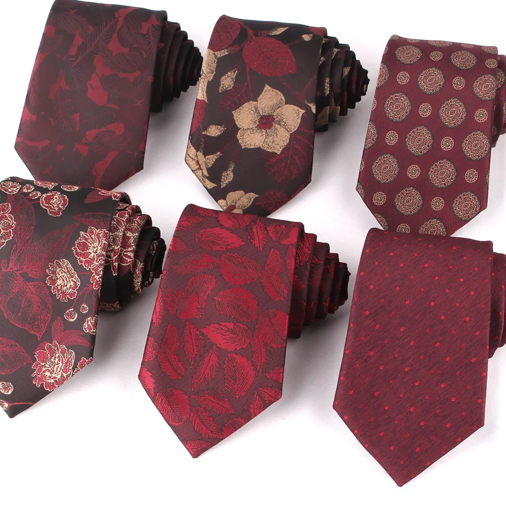 Burgundy Pattern Tie For Wedding Classic Floral Necktie for Man Luxury Wine Red tie Dots Stripe Gravata 8 cm Groom Neck Wear