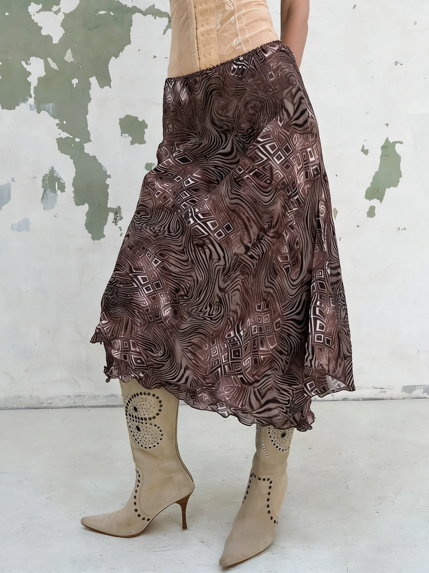 

WEEKEEP Retro Brown Print Mesh Asymmetrical Half Skirt A-Line Draped Slimming Long Dress Street Style Low Waist Polyester Blend