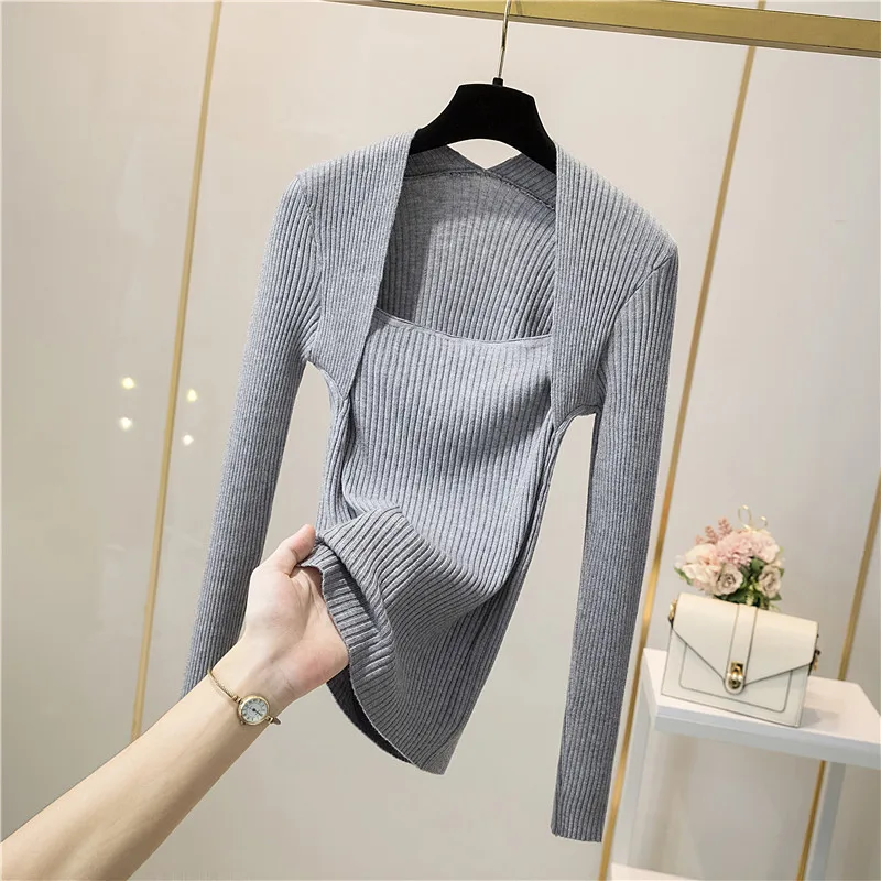 Fake Two-Piece Ribbed Knit Long Sleeve Crop Top for Women Pullovers Plain Sweater Jumper Teen-girl Fall Winter Basic Outfit