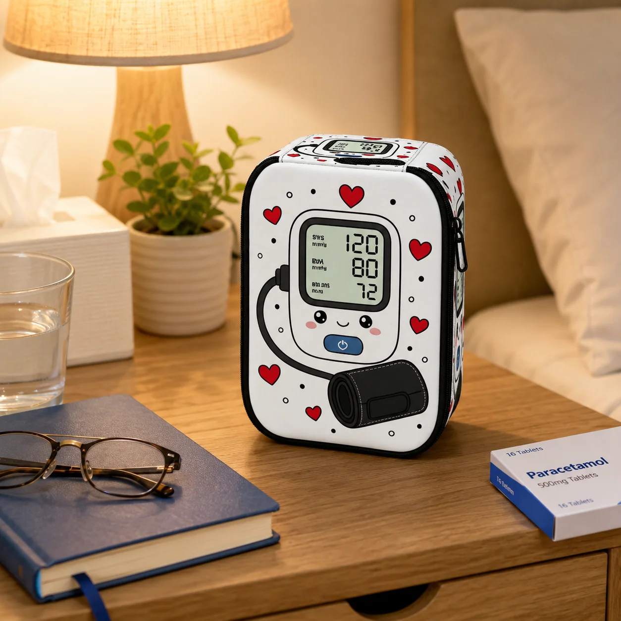 Cute White Heart Blood Pressure Monitor Carrying Case, Padded Zipper Organizer Bag for Seniors, Home Care, Clinic and Travel
