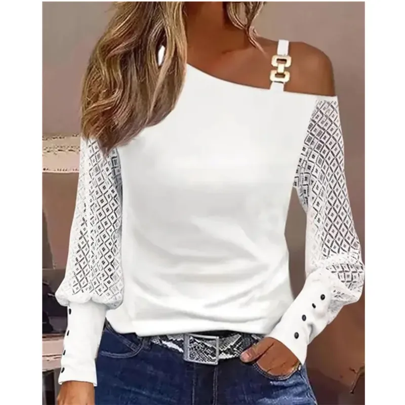 Ladies' Autumn Long Sleeve Shirt Classic White Fashion Casual Versatile Blouse Tops Metal Button Sexy Off Shoulder Collar Shirt