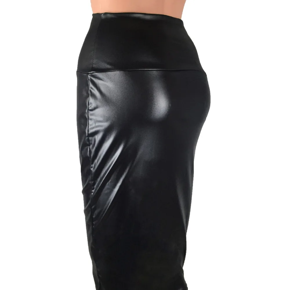 Elegant Women Midi Pencil Skirt High Waist Faux Leather Stretchy Bodycon Skirts Office Lady Fashionable Bottom