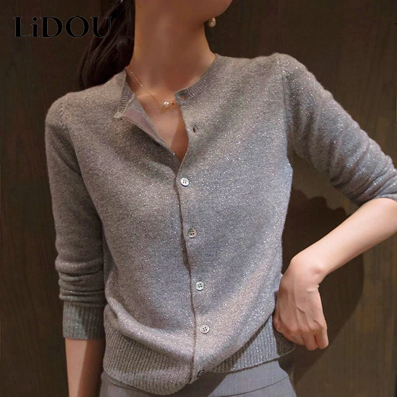 Autumn Winter Bright Silk Casual Fashion Cardigan Top Women Single Breasted Knitting Coat Ladies Solid Color All-match Sweaters